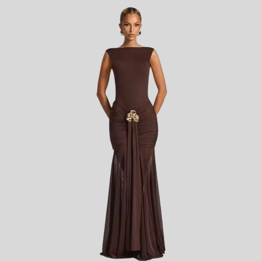 Model wearing plum brown flowy maxi skirt – Fae Flow by ODI-ONE FASHION
