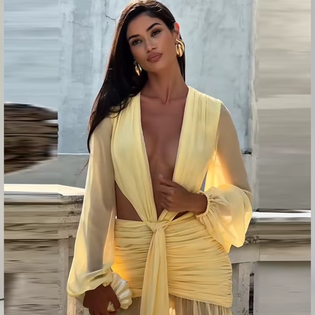 Valentina Pleated Maxi Dress – Elegant Long Sleeve Backless Deep V Party Gown
