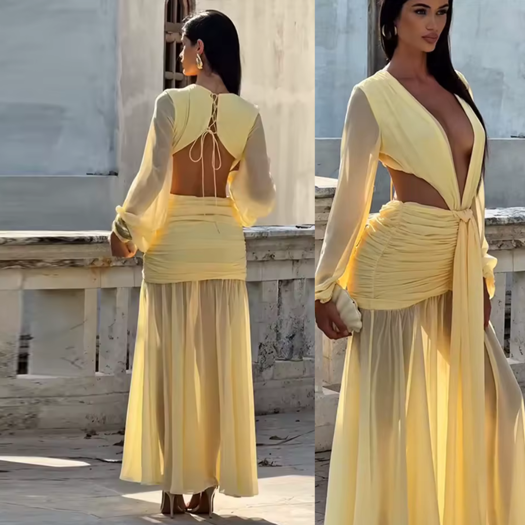 Valentina Pleated Maxi Dress – Elegant Long Sleeve Backless Deep V Party Gown