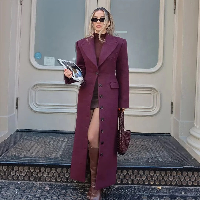 Clara Wool Coat – Elegant French Style High-Waist Long Woolen Coat for Women
