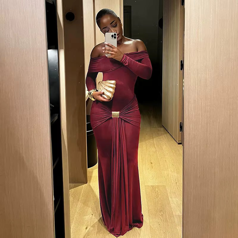 Liora One-Shoulder Pleated Winter Dress – Elegant Long Sleeve Bodycon
