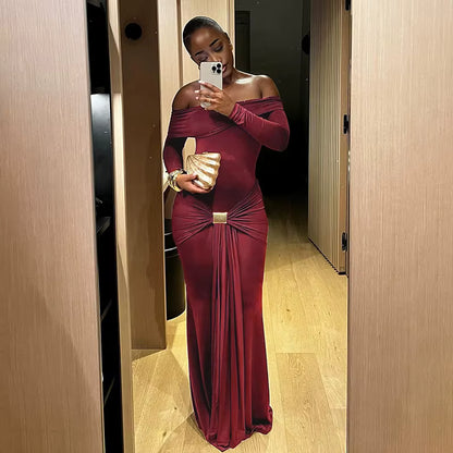 Liora One-Shoulder Pleated Winter Dress – Elegant Long Sleeve Bodycon
