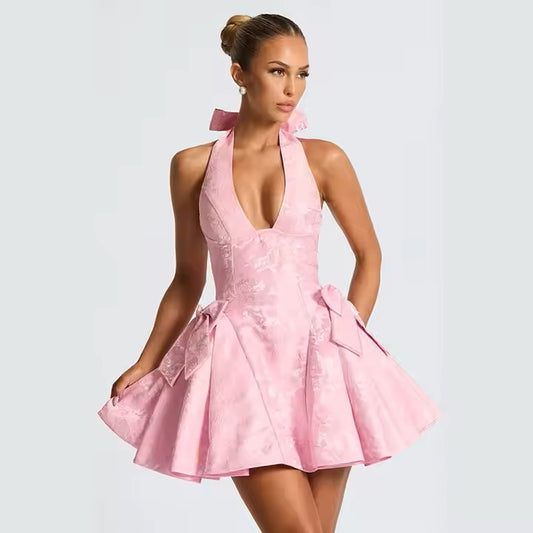 PeachGlow soft satin mini dress with ruched front – front view  