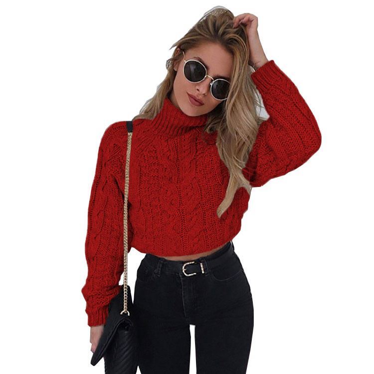 Women’s High Collar Slim Knit Crop Top – Long Sleeve Solid Color Thick Knitwear Pullover