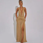Front view of Valentina Luxe gold sparkle maxi dress  