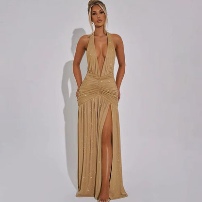 Front view of Valentina Luxe gold sparkle maxi dress  
