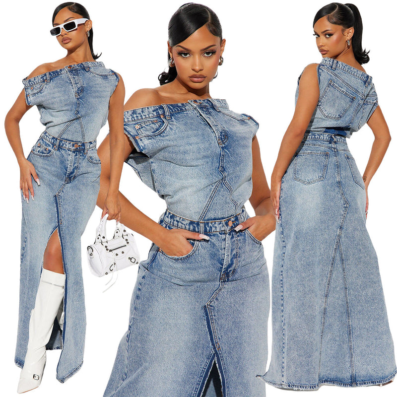 Urban Edge Women's Denim Jacket and Cargo Pants Two-Piece Set - Streetwear Fashion
