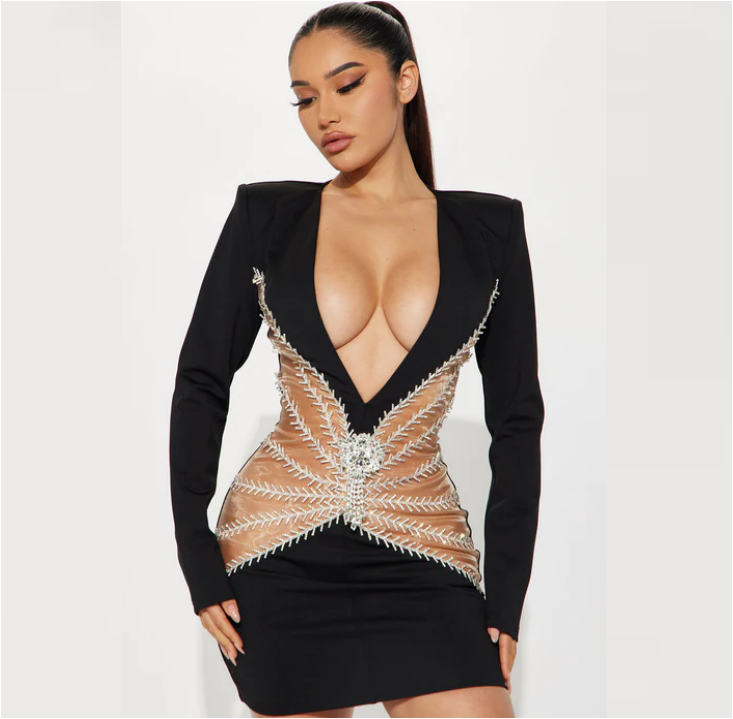 Amara Black Bandage Dress with Rhinestone and Sequin Patchwork – Long Sleeve Bodycon
