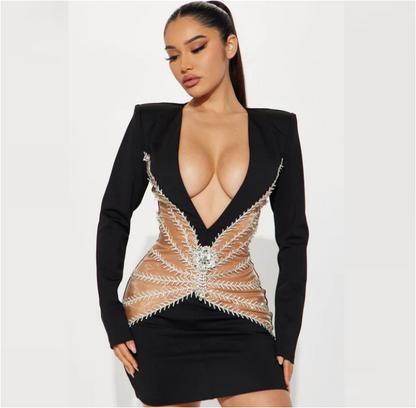 Amara Black Bandage Dress with Rhinestone and Sequin Patchwork – Long Sleeve Bodycon
