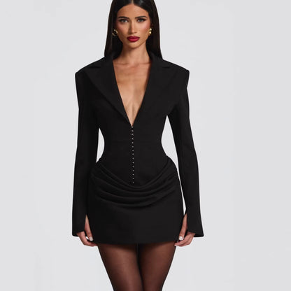 Rosie Black Deep V Bodycon Mini Dress – Elegant Long Sleeve Women’s Outfit
