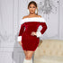Noelle Red & White Off Shoulder Velvet Dress with White Fuzzy Trim – Women’s Sexy Holiday Party Outfit
