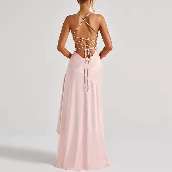 Close-up of lace-up back and side slit design"