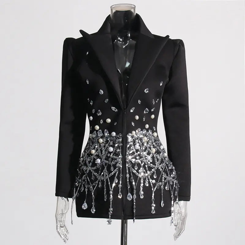 Sparkly Crystal Pearl Mini Dress – Black Suit Collar Party Glam | ODI-ONE FASHION