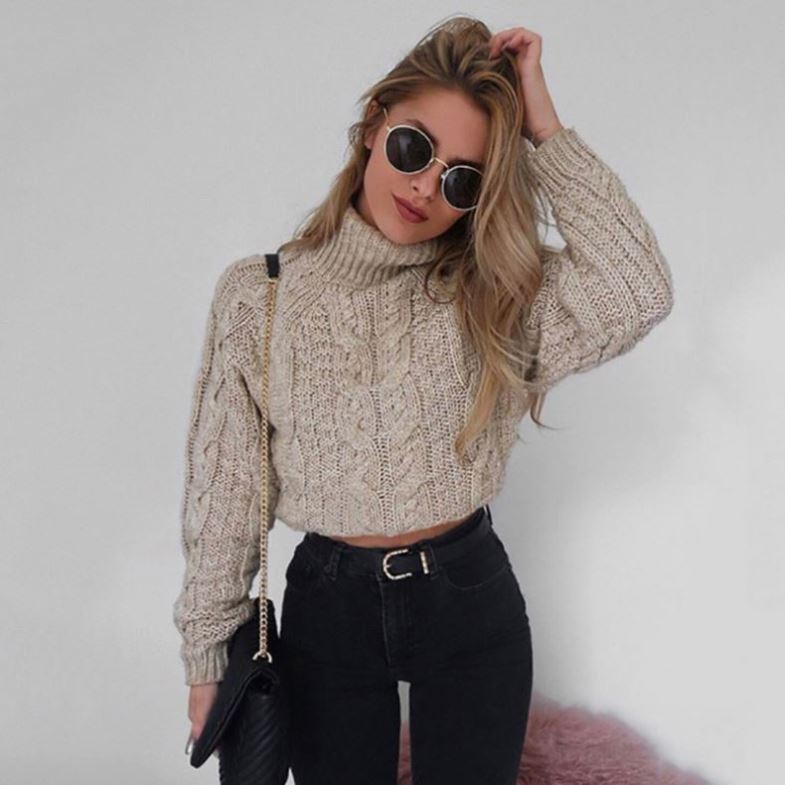 Women’s High Collar Slim Knit Crop Top – Long Sleeve Solid Color Thick Knitwear Pullover
