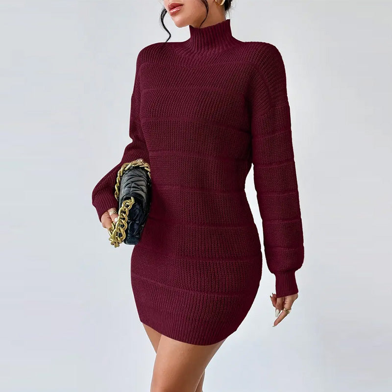 Elora Knit Sweater Dress – Autumn Winter women's mid-length half turtleneck long sleeve outfit
