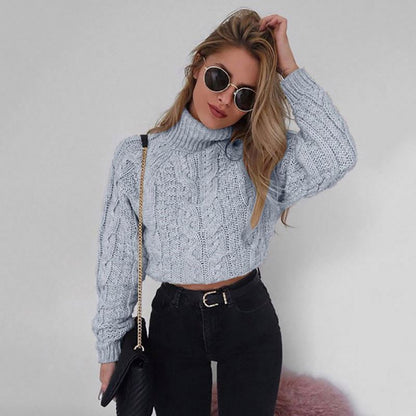 Women’s High Collar Slim Knit Crop Top – Long Sleeve Solid Color Thick Knitwear Pullover
