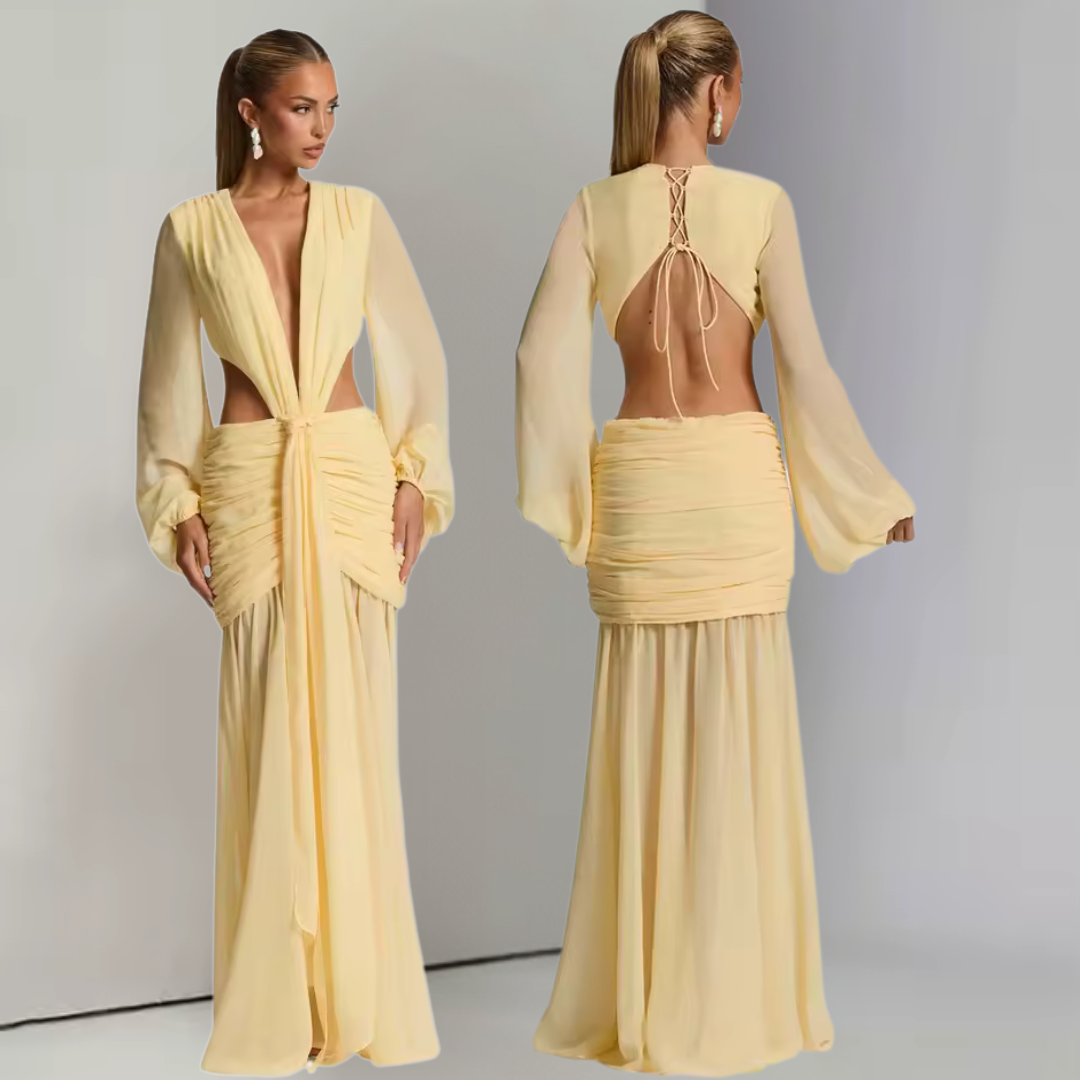 Valentina Pleated Maxi Dress – Elegant Long Sleeve Backless Deep V Party Gown
