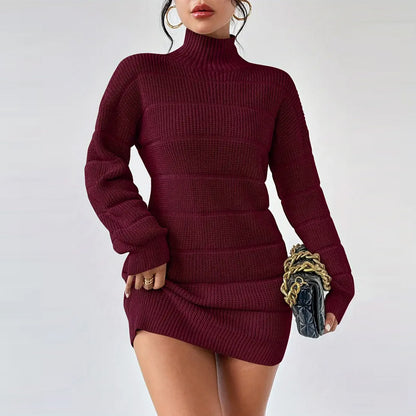 Maroon ribbed sweater dress worn by a person on a white background