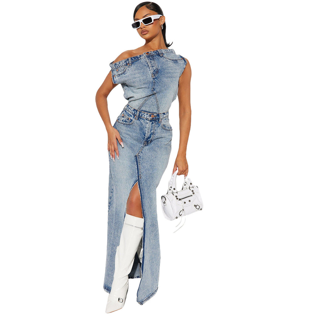 Urban Edge Women's Denim Jacket and Cargo Pants Two-Piece Set - Streetwear Fashion

