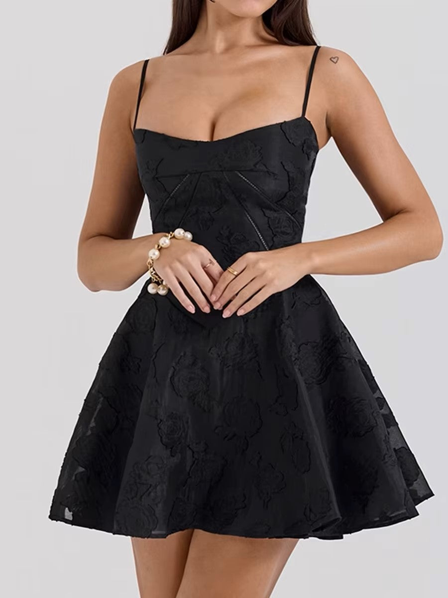 Elegant woman wearing a white lace V-neck backless dress, front view