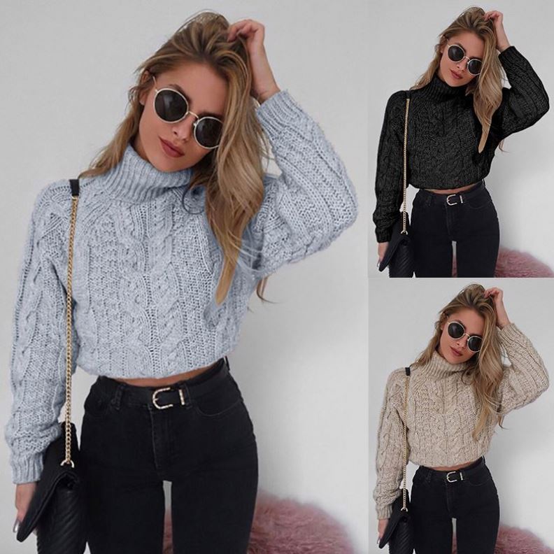 Women’s High Collar Slim Knit Crop Top – Long Sleeve Solid Color Thick Knitwear Pullover
