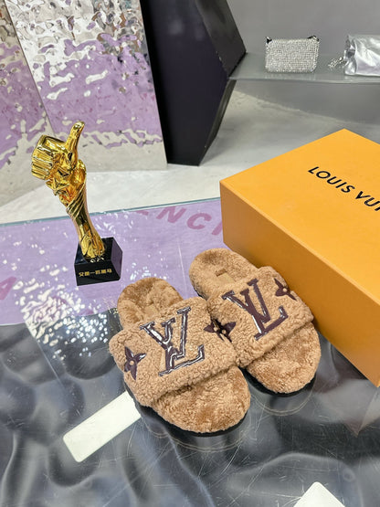 Luxury shearling fur mules for women available in multiple colors and styles