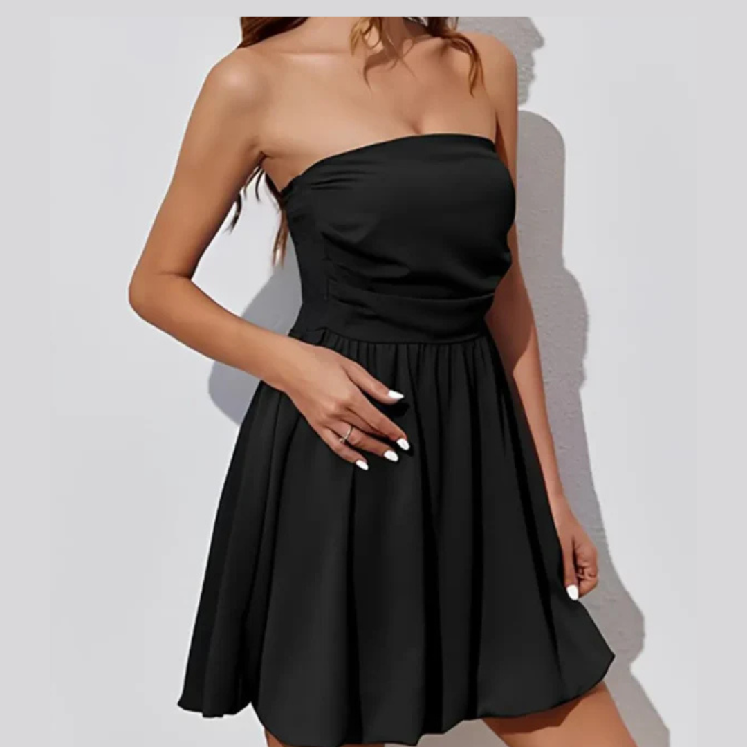 Side angle of fitted ruched tube mini dress  