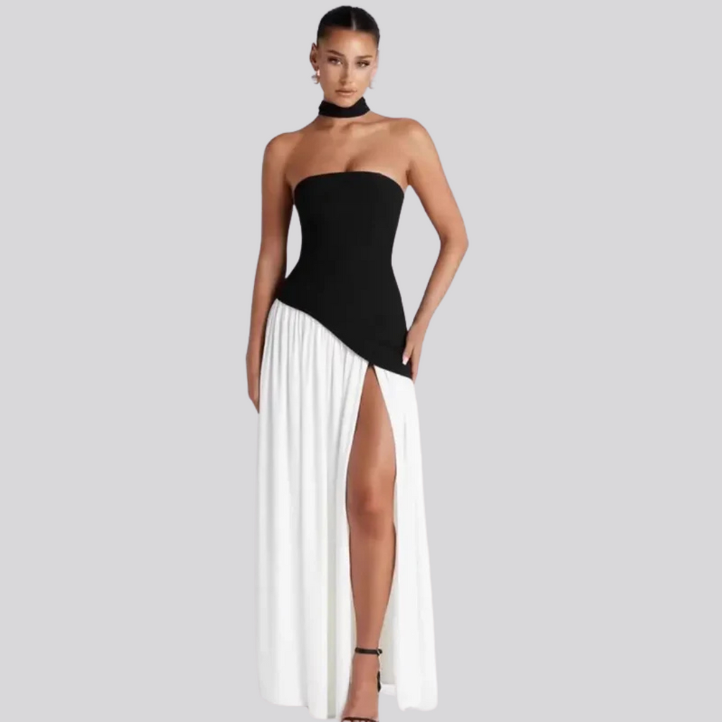 Elegant strapless black and white evening gown – front view Black & White Strapless
