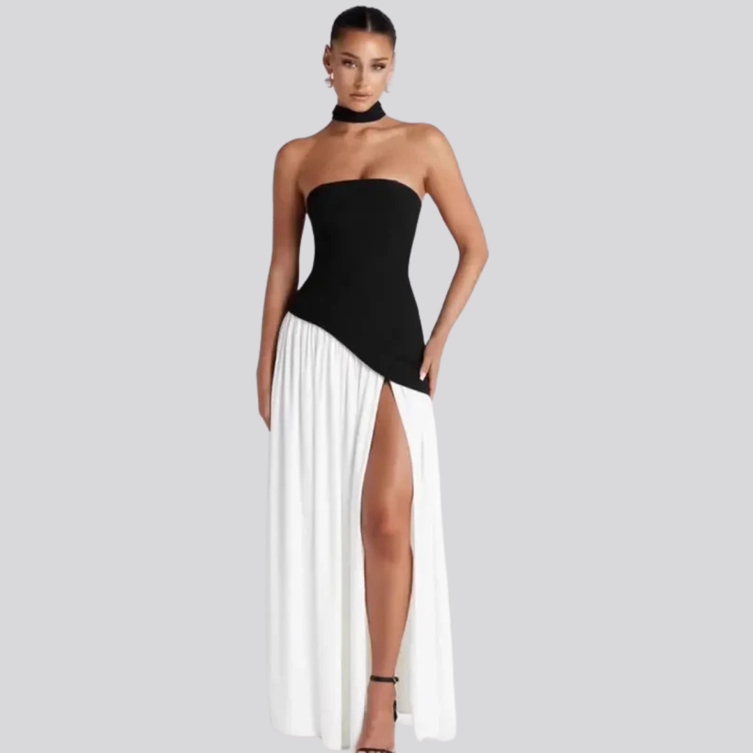 Elegant strapless black and white evening gown – front view