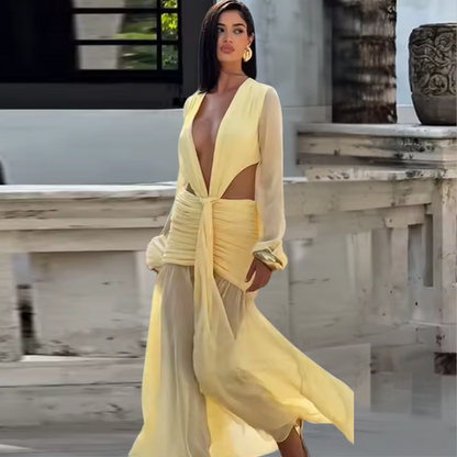 Valentina Pleated Maxi Dress – Elegant Long Sleeve Backless Deep V Party Gown
