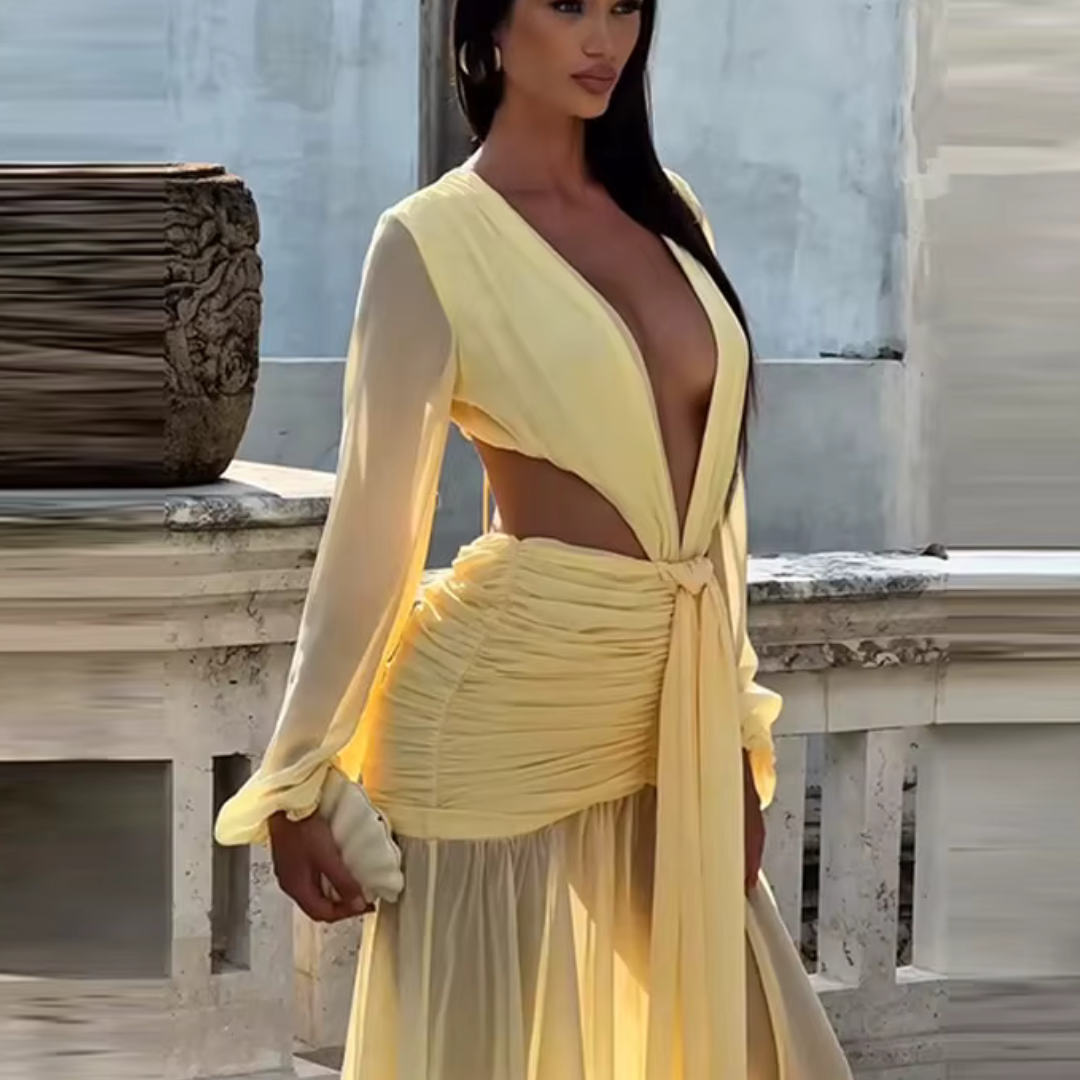 Valentina Pleated Maxi Dress – Elegant Long Sleeve Backless Deep V Party Gown
