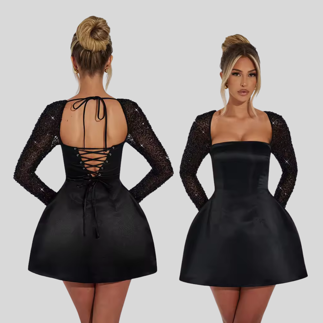 Luna Long Sleeve Mini Dress Noir – Elegant Black Women’s Party Dress
