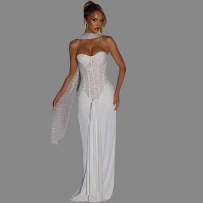 Selena Corset Maxi Dress – Elegant Strapless Lace Bodycon Evening Gown
