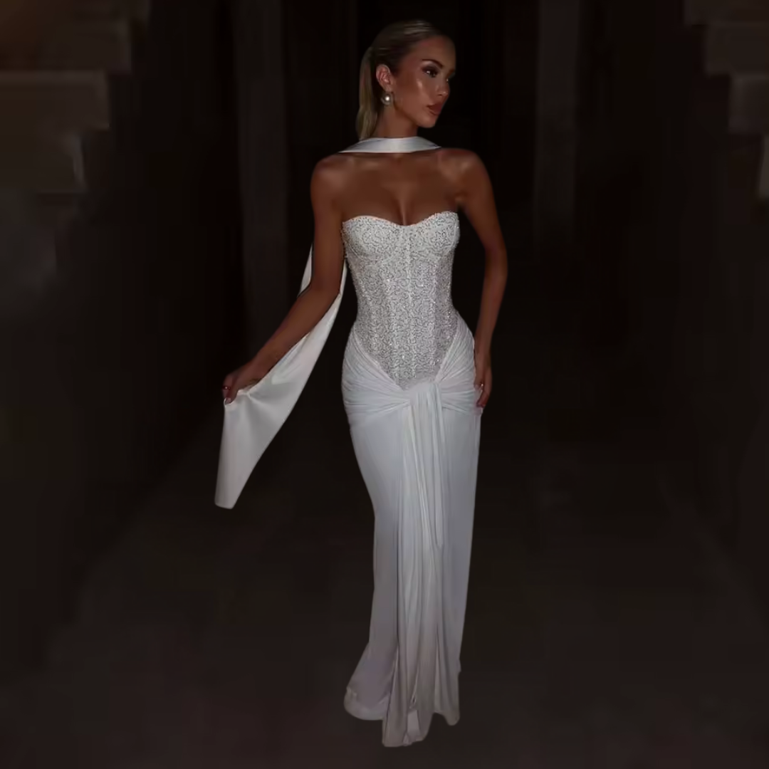 Selena Corset Maxi Dress – Elegant Strapless Lace Bodycon Evening Gown
