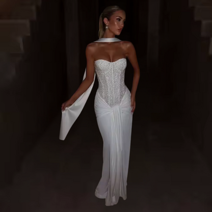 Selena Corset Maxi Dress – Elegant Strapless Lace Bodycon Evening Gown
