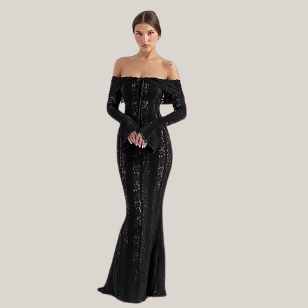 Elena Lace Strapless Hollow Out Maxi Dress – Front View