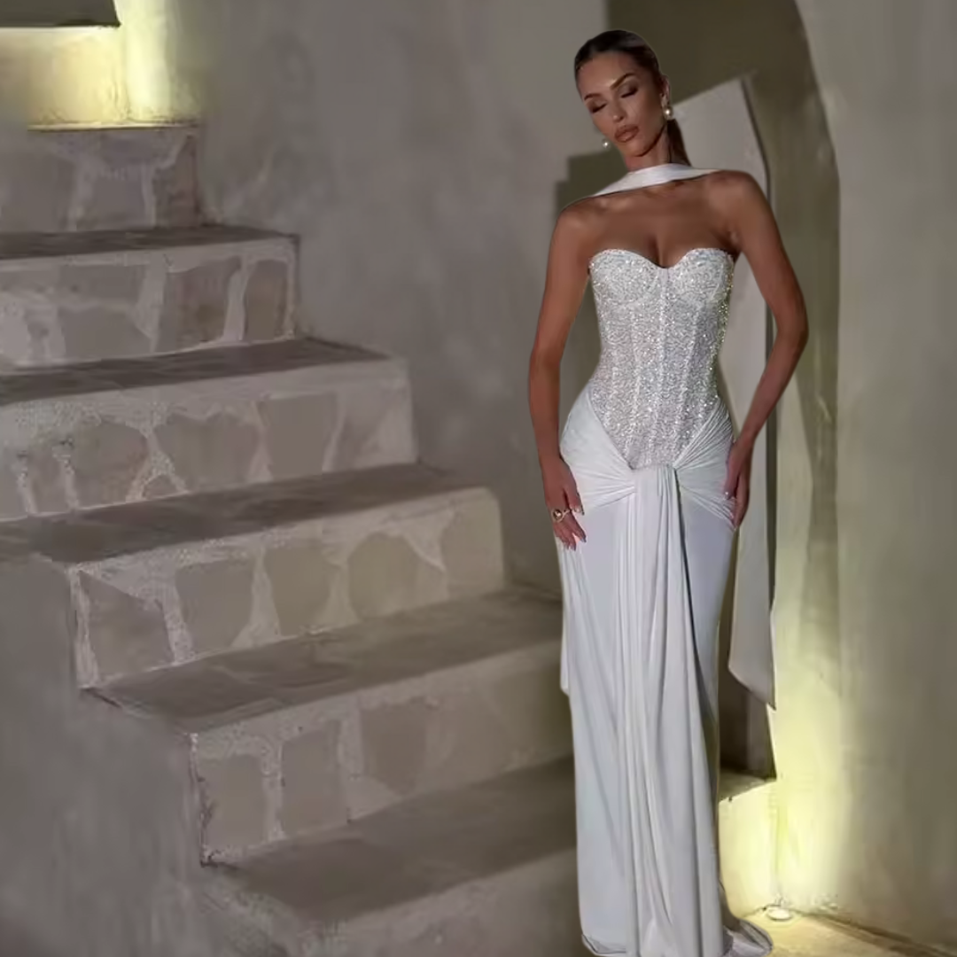 Selena Corset Maxi Dress – Elegant Strapless Lace Bodycon Evening Gown
