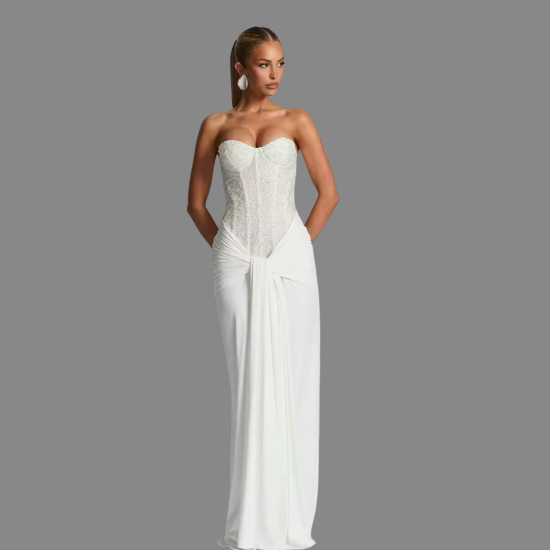Selena Corset Maxi Dress – Elegant Strapless Lace Bodycon Evening Gown
