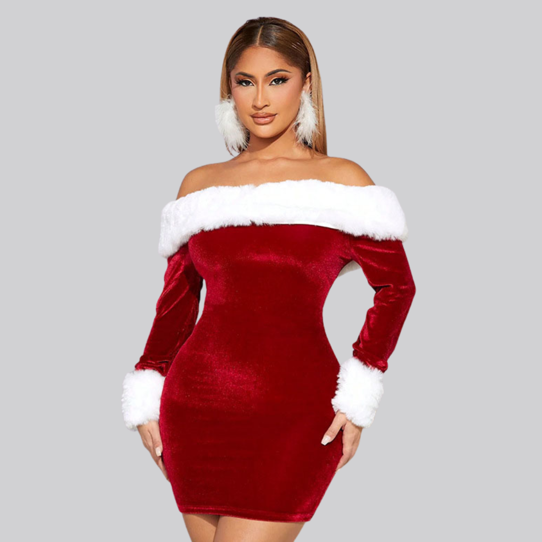 Noelle Red & White Off Shoulder Velvet Dress with White Fuzzy Trim – Women’s Sexy Holiday Party Outfit
