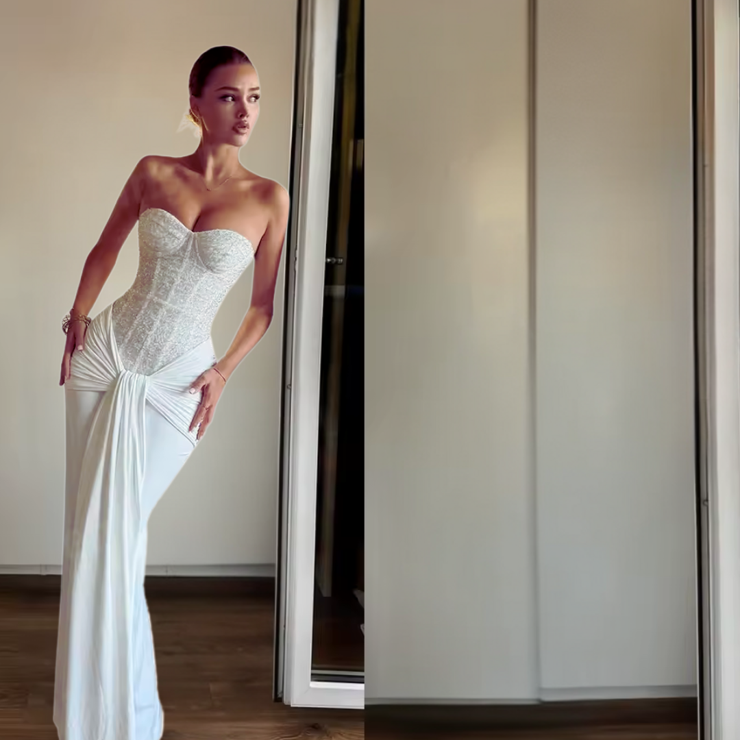 Selena Corset Maxi Dress – Elegant Strapless Lace Bodycon Evening Gown
