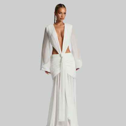 Aurora White Maxi Dress – Elegant Long Sleeve Backless Evening Gown

