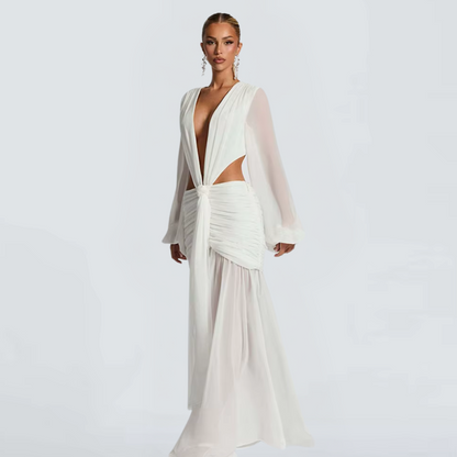 Aurora White Maxi Dress – Elegant Long Sleeve Backless Evening Gown
