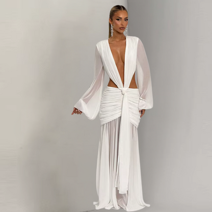 Aurora White Maxi Dress – Elegant Long Sleeve Backless Evening Gown
