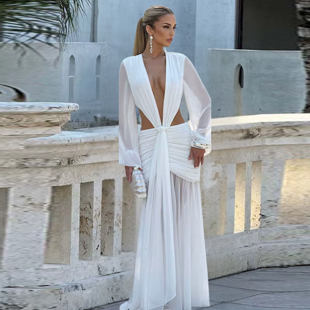 Aurora White Maxi Dress – Elegant Long Sleeve Backless Evening Gown
