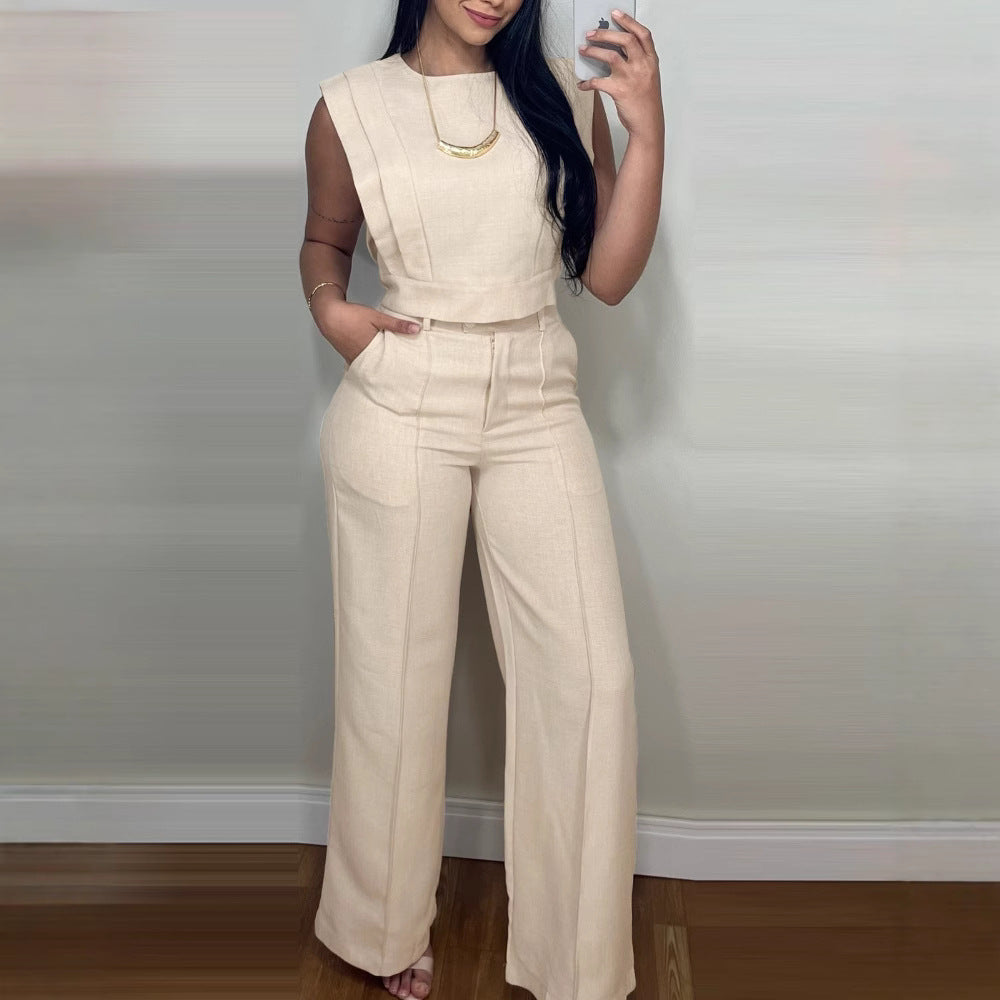 "Chic 2-Piece Casual Set – O-Neck Crop Top & Straight-Leg Pants"