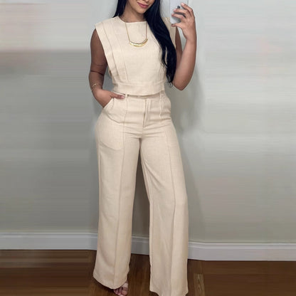 "Chic 2-Piece Casual Set – O-Neck Crop Top & Straight-Leg Pants"