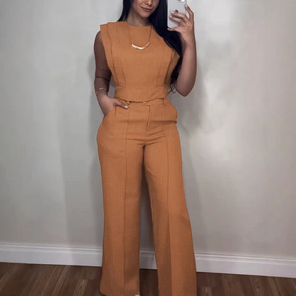 "Chic 2-Piece Casual Set – O-Neck Crop Top & Straight-Leg Pants"