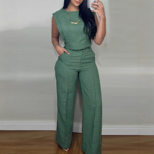 "Chic 2-Piece Casual Set – O-Neck Crop Top & Straight-Leg Pants"