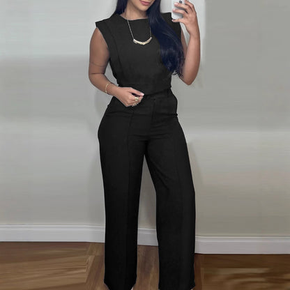 "Chic 2-Piece Casual Set – O-Neck Crop Top & Straight-Leg Pants"