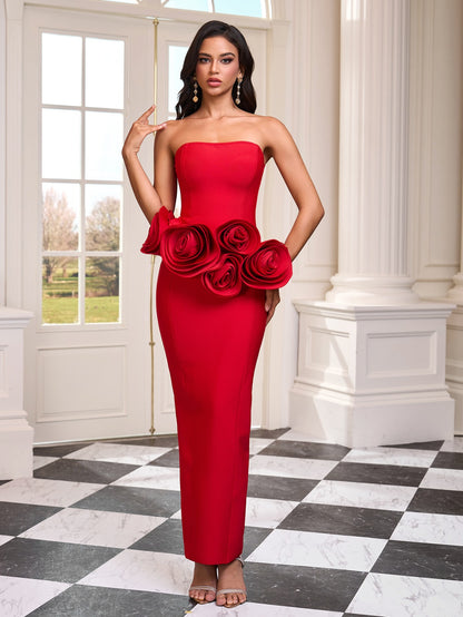 Model wearing Roselina strapless floral bandage dress with rose details – ODI-ONE FASHION
